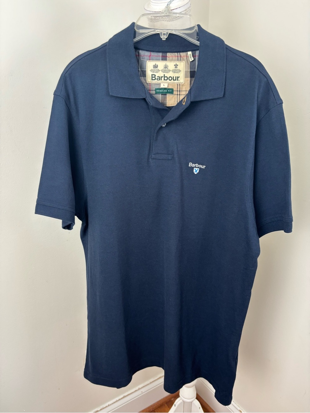 Barbour Tartan Pique Navy Blue Polo Shirt Size Large